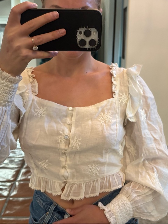 Free People Tops - Free People White Embroidered Ruffle-Trim Square Neck Blouse